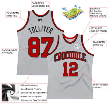 Custom Gray Red-Black Authentic Throwback Basketball Jersey