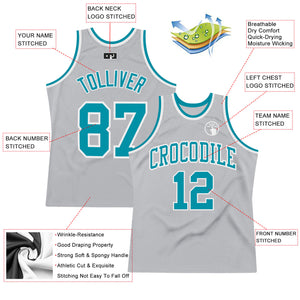 Custom Gray Teal-White Authentic Throwback Basketball Jersey