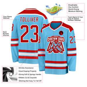 Custom Sky Blue Red-White Hockey Jersey