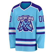 Load image into Gallery viewer, Custom Sky Blue Purple-White Hockey Jersey
