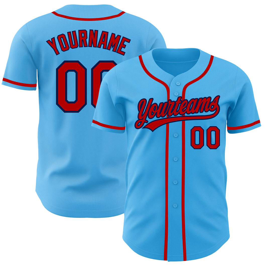 Custom Sky Blue Red-Navy Authentic Baseball Jersey