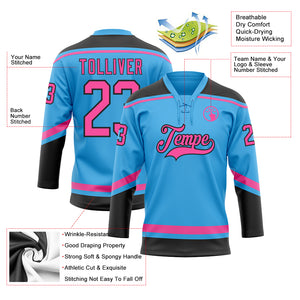 Custom Sky Blue Pink-Black Hockey Lace Neck Jersey