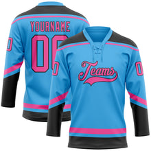 Laden Sie das Bild in den Galerie-Viewer, Custom Sky Blue Pink-Black Hockey Lace Neck Jersey
