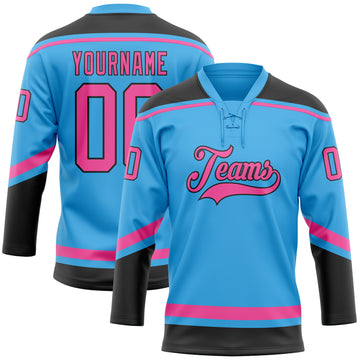 Custom Sky Blue Pink-Black Hockey Lace Neck Jersey
