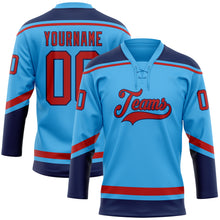 Load image into Gallery viewer, Custom Sky Blue Red-Navy Hockey Lace Neck Jersey
