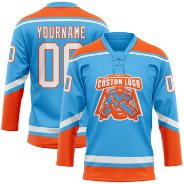 Custom Sky Blue White-Orange Hockey Lace Neck Jersey