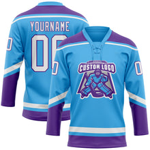 Laden Sie das Bild in den Galerie-Viewer, Custom Sky Blue White-Purple Hockey Lace Neck Jersey
