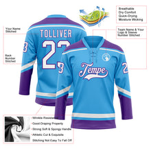 Laden Sie das Bild in den Galerie-Viewer, Custom Sky Blue White-Purple Hockey Lace Neck Jersey
