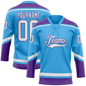 Custom Sky Blue White-Purple Hockey Lace Neck Jersey