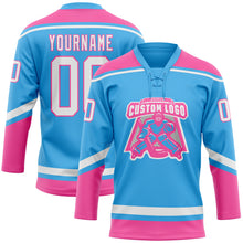 Load image into Gallery viewer, Custom Sky Blue White-Pink Hockey Lace Neck Jersey

