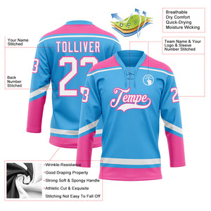 Custom Sky Blue White-Pink Hockey Lace Neck Jersey