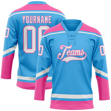 Laden Sie das Bild in den Galerie-Viewer, Custom Sky Blue White-Pink Hockey Lace Neck Jersey
