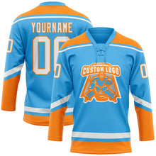 Laden Sie das Bild in den Galerie-Viewer, Custom Sky Blue White-Bay Orange Hockey Lace Neck Jersey
