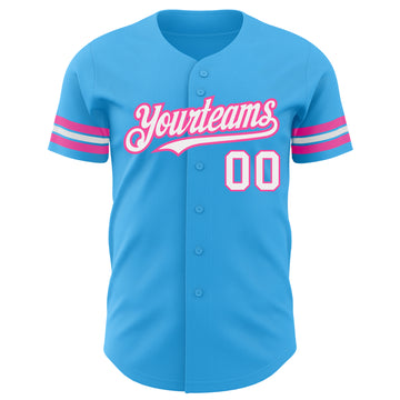 Custom Sky Blue White-Pink Authentic Baseball Jersey