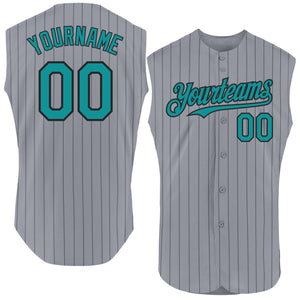 Custom Gray Black Pinstripe Teal Authentic Sleeveless Baseball Jersey