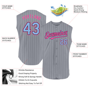 Custom Gray Black Pinstripe Light Blue-Pink Authentic Sleeveless Baseball Jersey