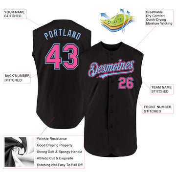 Custom Black Pink-Light Blue Authentic Sleeveless Baseball Jersey