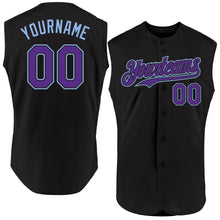 Laden Sie das Bild in den Galerie-Viewer, Custom Black Purple-Light Blue Authentic Sleeveless Baseball Jersey
