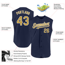 Load image into Gallery viewer, Custom Navy Old Gold-White Authentic Sleeveless Baseball Jersey

