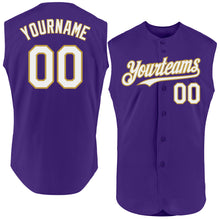 Load image into Gallery viewer, Custom Purple White-Old Gold Authentic Sleeveless Baseball Jersey
