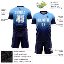 Load image into Gallery viewer, Custom Light Blue White-Navy Sublimation Fade Fashion Soccer Uniform Jersey
