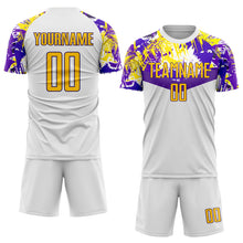 Laden Sie das Bild in den Galerie-Viewer, Custom White Gold-Purple Sublimation Soccer Uniform Jersey
