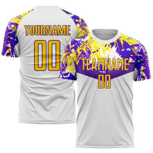 Laden Sie das Bild in den Galerie-Viewer, Custom White Gold-Purple Sublimation Soccer Uniform Jersey
