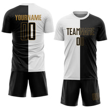 Laden Sie das Bild in den Galerie-Viewer, Custom White Black-Old Gold Sublimation Split Fashion Soccer Uniform Jersey
