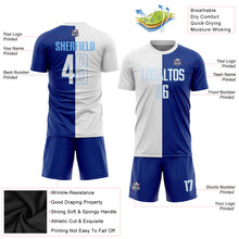 Laden Sie das Bild in den Galerie-Viewer, Custom Royal White-Light Blue Sublimation Split Fashion Soccer Uniform Jersey
