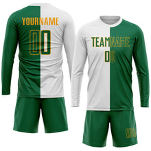 Laden Sie das Bild in den Galerie-Viewer, Custom White Kelly Green-Gold Sublimation Split Fashion Soccer Uniform Jersey
