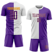 Laden Sie das Bild in den Galerie-Viewer, Custom White Purple-Gold Sublimation Split Fashion Soccer Uniform Jersey
