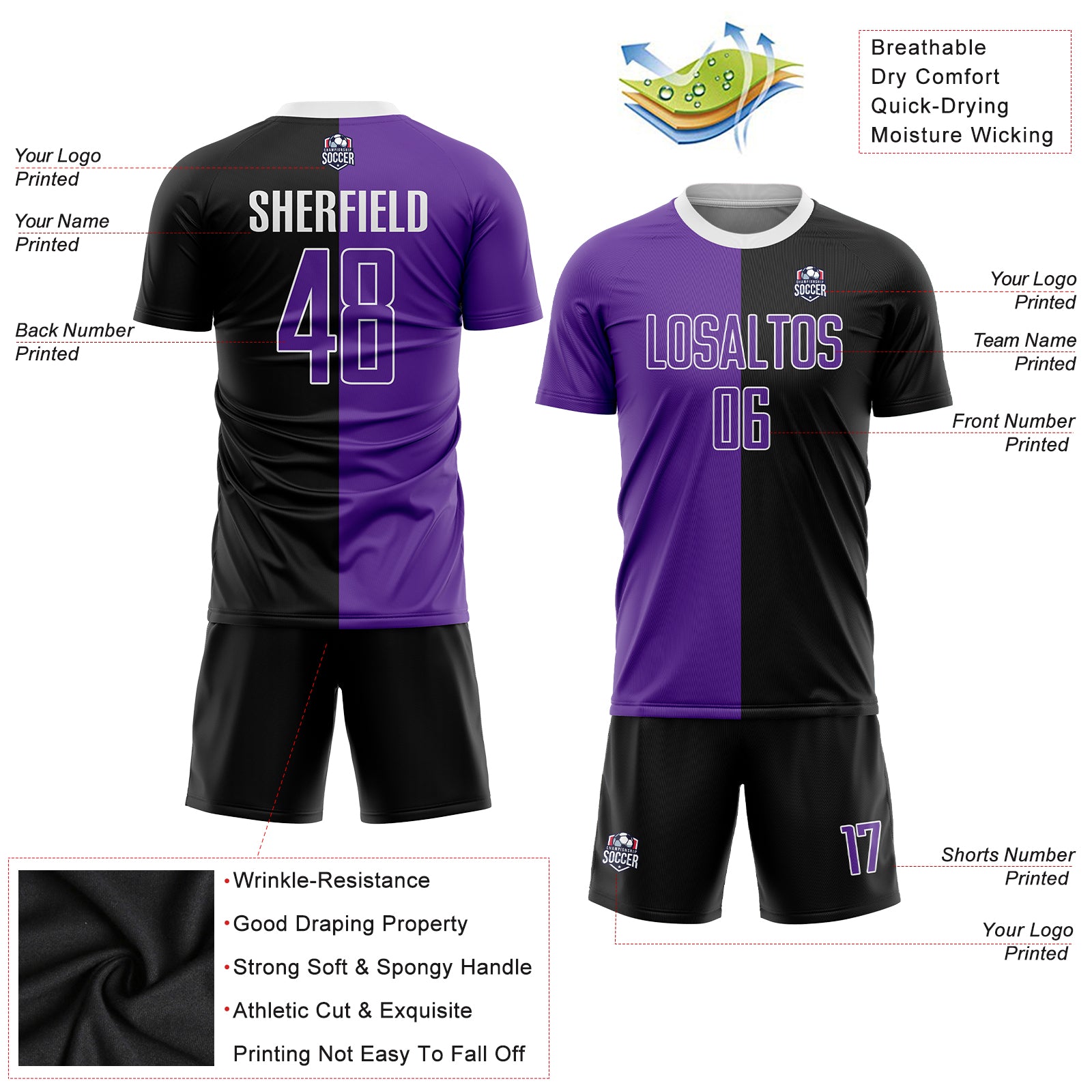 Cheap Custom Black Purple-White Sublimation Split Fashion Soccer