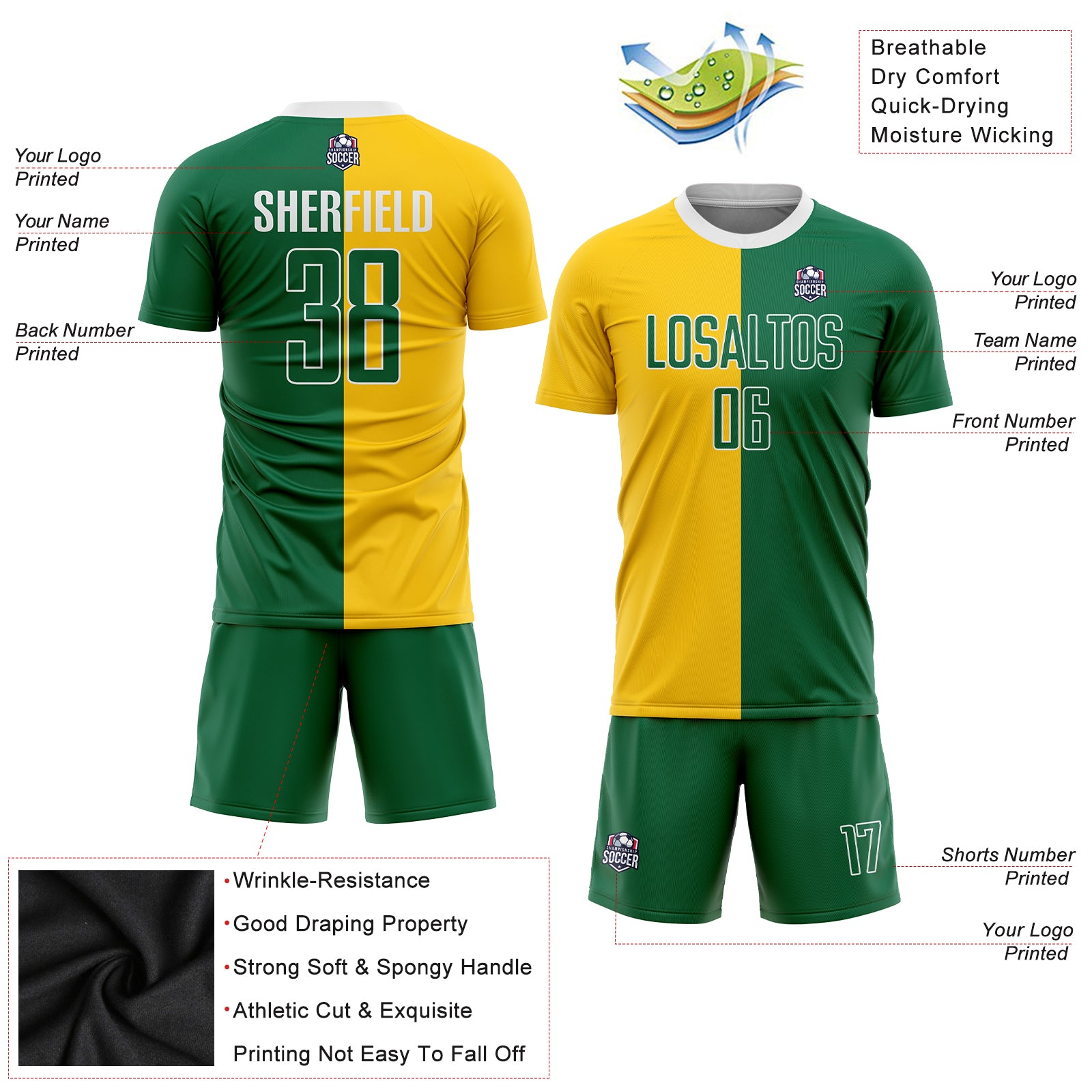 Custom Green Yellow-White Sublimation Soccer Uniform Jersey Discount