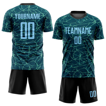 Custom Teal Light Blue-Black Sublimation Soccer Uniform Jersey