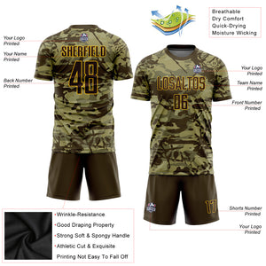 Custom Camo Brown-Gold Sublimation Salute To Service Soccer Uniform Jersey