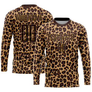 Custom Brown Brown-Old Gold Sublimation Leopard Soccer Uniform Jersey