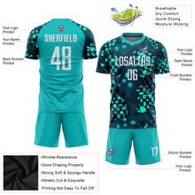 Laden Sie das Bild in den Galerie-Viewer, Custom Aqua White-Navy Sublimation Soccer Uniform Jersey
