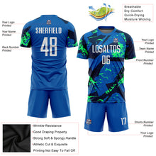 Laden Sie das Bild in den Galerie-Viewer, Custom Royal White-Neon Green Sublimation Soccer Uniform Jersey
