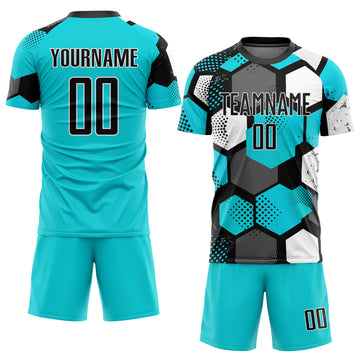 Custom Aqua Black-White Sublimation Soccer Uniform Jersey
