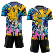Laden Sie das Bild in den Galerie-Viewer, Custom Tie Dye Gold-Black Sublimation Soccer Uniform Jersey
