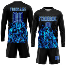 Load image into Gallery viewer, Custom Black Royal-Light Blue Flame Sublimation Soccer Uniform Jersey
