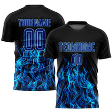 Load image into Gallery viewer, Custom Black Royal-Light Blue Flame Sublimation Soccer Uniform Jersey
