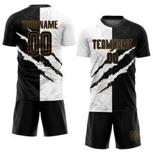 Laden Sie das Bild in den Galerie-Viewer, Custom Graffiti Pattern Black-Old Gold Sublimation Soccer Uniform Jersey
