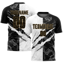 Laden Sie das Bild in den Galerie-Viewer, Custom Graffiti Pattern Black-Old Gold Scratch Sublimation Soccer Uniform Jersey
