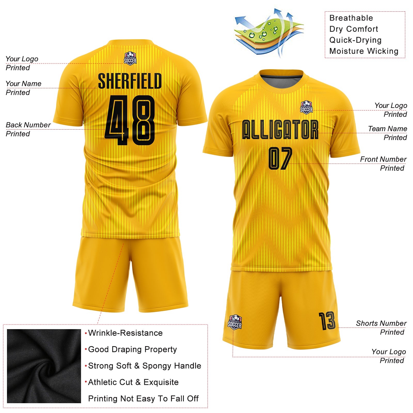 Custom Black Yellow Sublimation Soccer Uniform Jersey