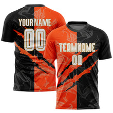 Load image into Gallery viewer, Custom Graffiti Pattern White Black Orange-Old Gold Scratch Sublimation Soccer Uniform Jersey
