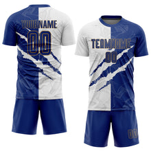 Laden Sie das Bild in den Galerie-Viewer, Custom Graffiti Pattern Royal White-Old Gold Scratch Sublimation Soccer Uniform Jersey
