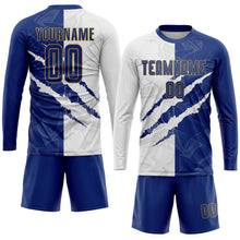 Laden Sie das Bild in den Galerie-Viewer, Custom Graffiti Pattern Royal White-Old Gold Scratch Sublimation Soccer Uniform Jersey

