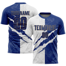 Laden Sie das Bild in den Galerie-Viewer, Custom Graffiti Pattern Royal White-Old Gold Scratch Sublimation Soccer Uniform Jersey
