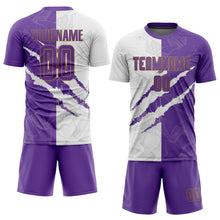 Load image into Gallery viewer, Custom Graffiti Pattern Purple White-Old Gold Sublimation Soccer Uniform Jersey
